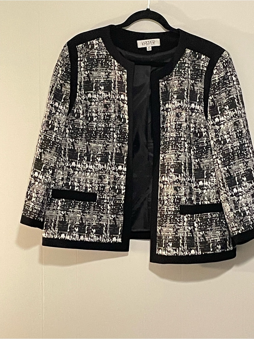 Kasper Black and White Tweed Collarless Jacket. Item # 11712
